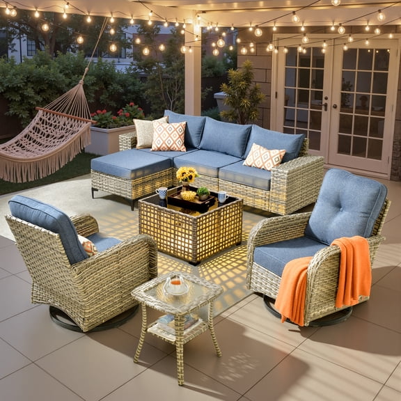 Ovios 8 Pieces Wicker Patio Furniture Sets Outdoor Conversation Sectional Sofa with Swivel Chairs & Solar Light Table