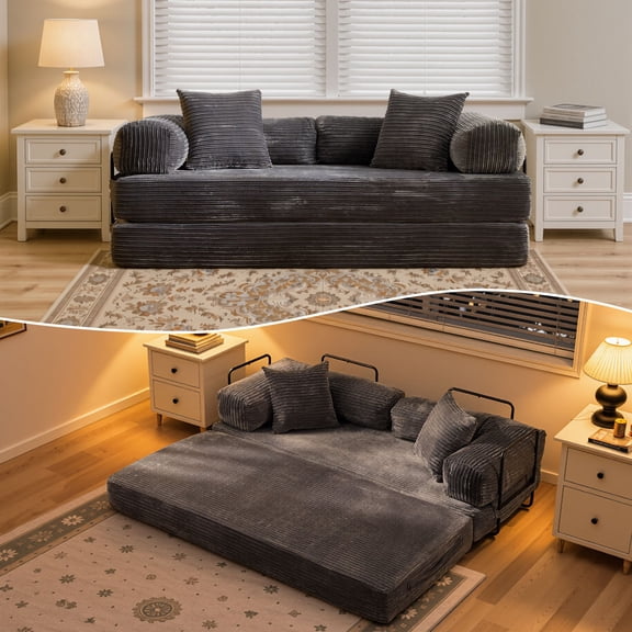 Ovios 80.5" Convertible Sofa Bed,5-in-1 Corduroy Cloud Boneless Couch Futon Sleeper Loveseat for Living Room, Grey