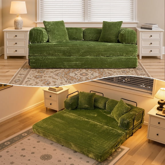 Ovios 80.5" Convertible Sofa Bed,5-in-1 Plush Corduroy Cloud Boneless Couch Futon Sleeper Loveseat for Living Room, Green
