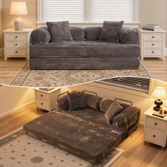 Ovios 80.5" Convertible Sofa Bed,5-in-1 Plush Corduroy Cloud Boneless Couch Futon Sleeper Loveseat for Living Room, Grey