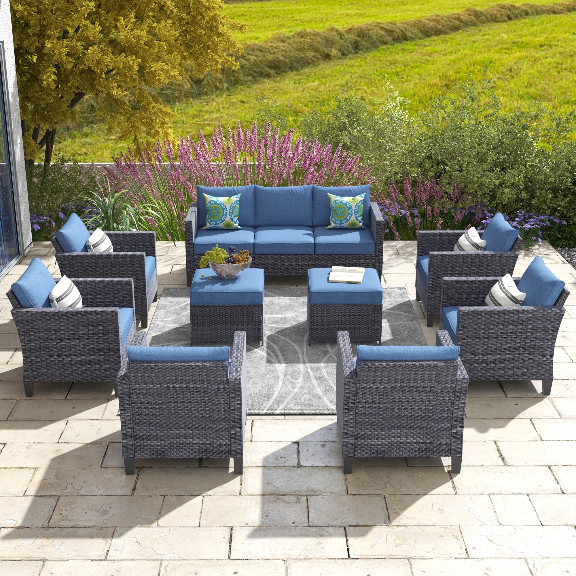 Ovios 9 Piece Outdoor Furniture All Weather Patio Conversation Chair Set Wicker Sectional Sofa with Soft Cushions for Garden Backyard (Denim Blue) - image 1 of 7
