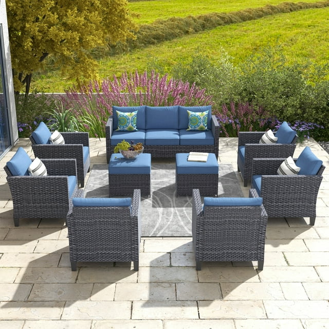 Ovios 9 Piece Outdoor Furniture All Weather Patio Conversation Chair Set Wicker Sectional Sofa with Soft Cushions for Garden Backyard (Denim Blue)