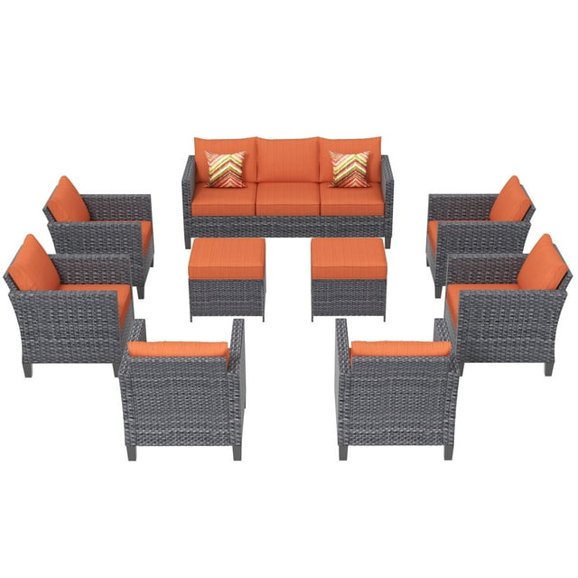 Ovios 9 Piece Outdoor Furniture All Weather Patio Conversation Chair Set Wicker Sectional Sofa with Soft Cushions for Garden Backyard (Orange Red)