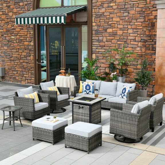 Ovios 9 Pieces Outdoor Patio Furniture with 30 inch Gas Fire Pit Table CSA Approved Grey Wicker Conversation Set with 360 Degree Swivel Rocking Chair, Metal Frame