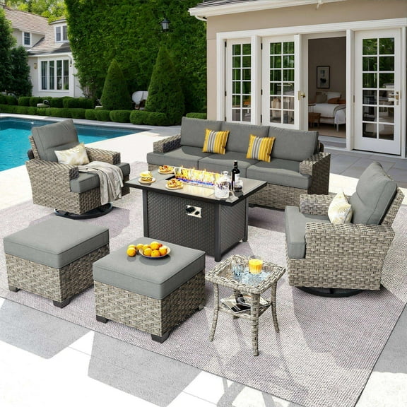 Ovios 9 Pieces Outdoor Patio Furniture with Gas Propane Fire Pit Table All-Weather Rattan Wicker Conversation Set with Swivel Rocking Chair & Ottoman for Backyard