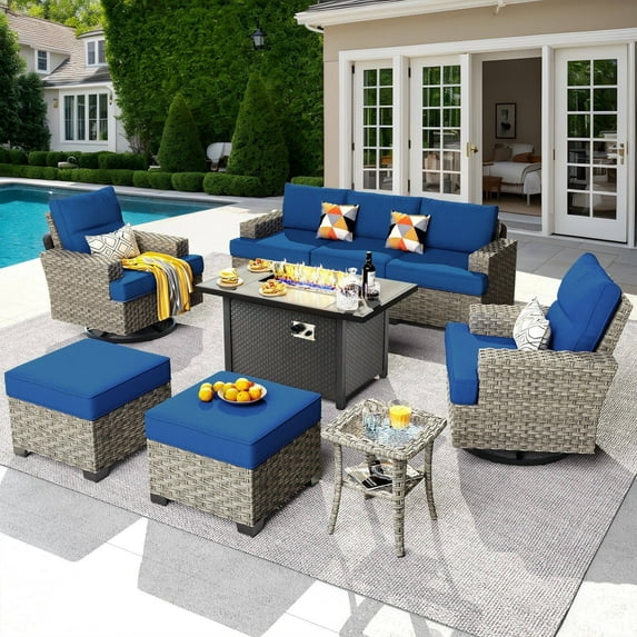 Ovios 9 Pieces Outdoor Patio Furniture with Gas Propane Fire Pit Table All-Weather Rattan Wicker Conversation Set with Swivel Rocking Chair & Ottoman for Backyard