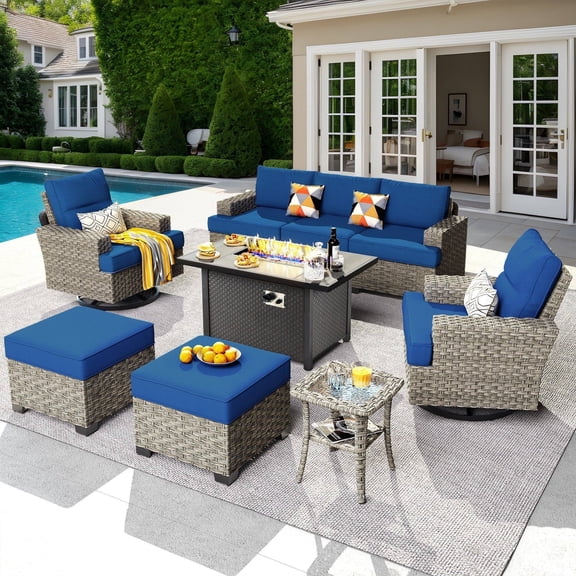 Ovios 9 Pieces Outdoor Patio Furniture with Gas Propane Fire Pit Table All-Weather Rattan Wicker Conversation Set with Swivel Rocking Chair & Ottoman for Backyard