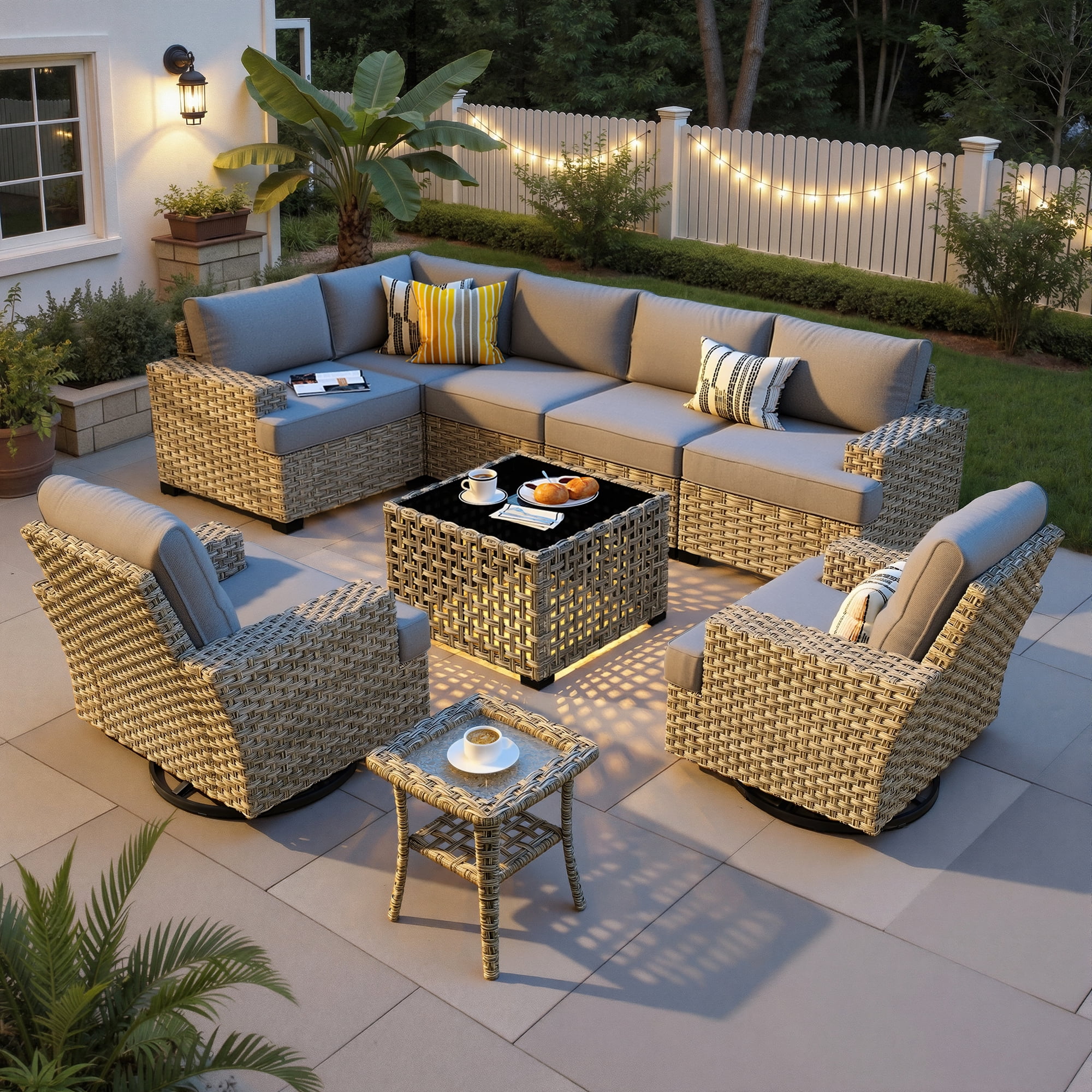 Walmart Cyber Monday Deals 2025 Ovios 9 Pieces Outdoor Patio Furniture with Swivel Chairs High-Back All-Weather Rattan Wicker Conversation Set Outdoor Sectional with Solar Light Coffee Table