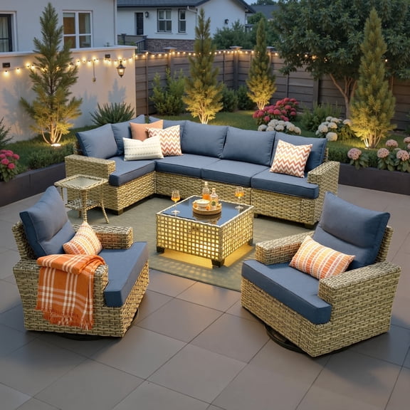 Ovios 9 Pieces Outdoor Patio Furniture with Swivel Chairs High-Back All-Weather Rattan Wicker Conversation Set Outdoor Sectional with Solar Light Coffee Table