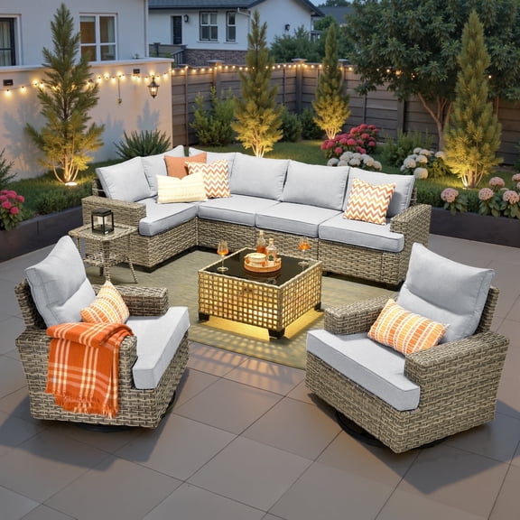Ovios 9 Pieces Outdoor Patio Furniture with Swivel Chairs High-Back All-Weather Rattan Wicker Conversation Set Outdoor Sectional with Solar Light Coffee Table