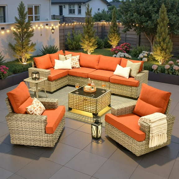 Ovios 9 Pieces Outdoor Patio Furniture with Swivel Chairs High-Back All-Weather Rattan Wicker Conversation Set Outdoor Sectional with Solar Light Coffee Table