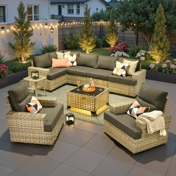 Ovios 9 Pieces Outdoor Patio Furniture with Swivel Chairs High-Back All-Weather Rattan Wicker Conversation Set Outdoor Sectional with Solar Light Coffee Table