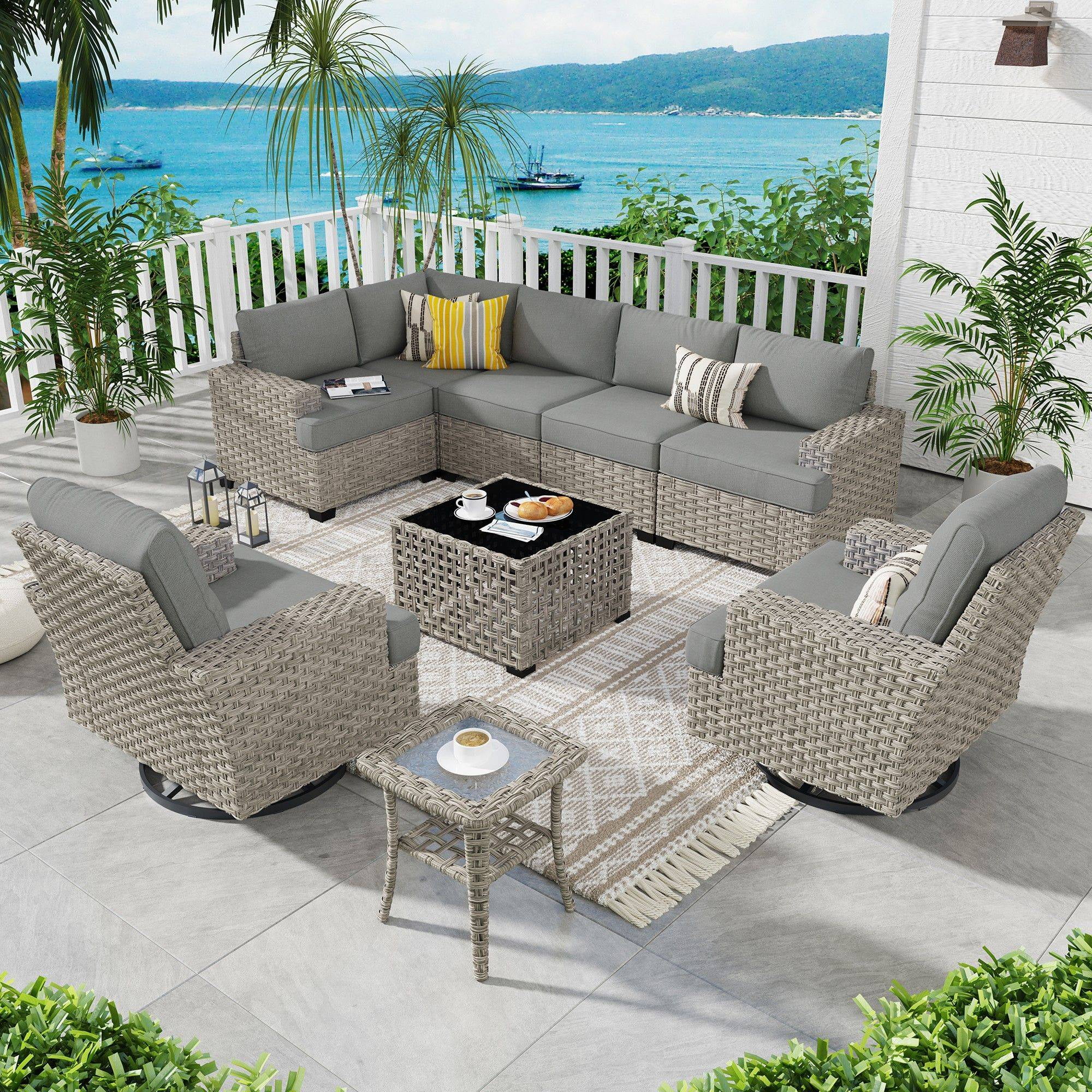 Walmart Black Friday Deals 2025 Ovios 9 Pieces Outdoor Patio Furniture with Swivel Chairs High-Back All-Weather Rattan Wicker Conversation Set Outdoor Sectional with Solar Light Coffee Table