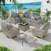 Ovios 9 Pieces Outdoor Patio Furniture with Swivel Chairs High-Back All-Weather Rattan Wicker Conversation Set Outdoor Sectional with Solar Light Coffee Table