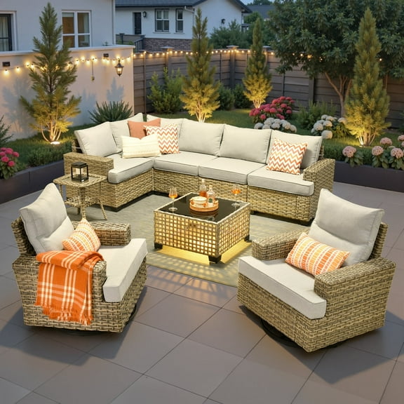 Ovios 9 Pieces Outdoor Patio Furniture with Swivel Chairs High-Back All-Weather Rattan Wicker Conversation Set Outdoor Sectional with Solar Light Coffee Table