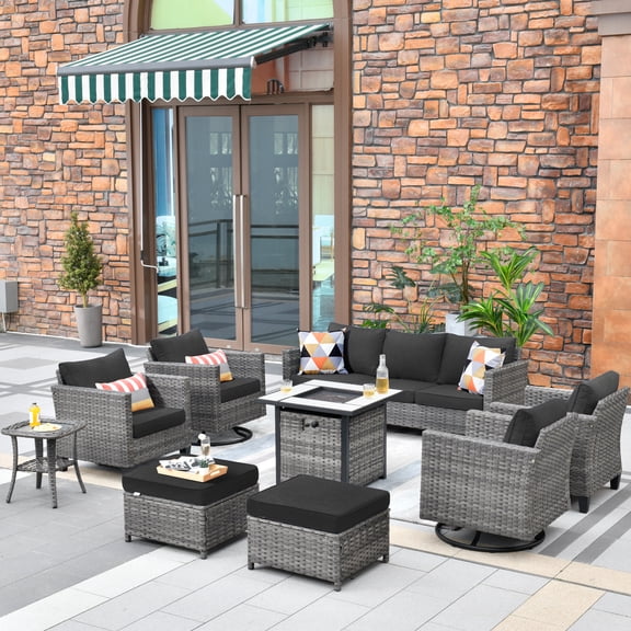 Ovios 9 Pieces Outdoor Patio Furniture with 30Inch Gas Fire Pit Table CSA Approved Grey Wicker Conversation Set with 360 Degree Swivel Rocking Chair