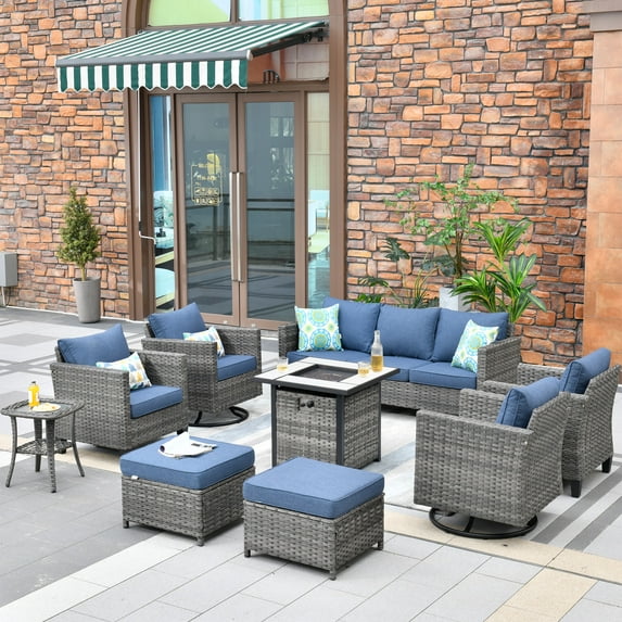 Ovios 9 Pieces Outdoor Patio Furniture with 30Inch Gas Fire Pit Table CSA Approved Grey Wicker Conversation Set with 360 Degree Swivel Rocking Chair