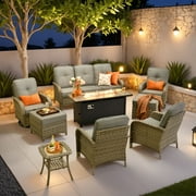 Ovios 9 Pieces Outdoor Patio Furniture with 54" Fire Pit Table High-Back Wicker Conversation Outside Sectional Set with Swivel Chairs