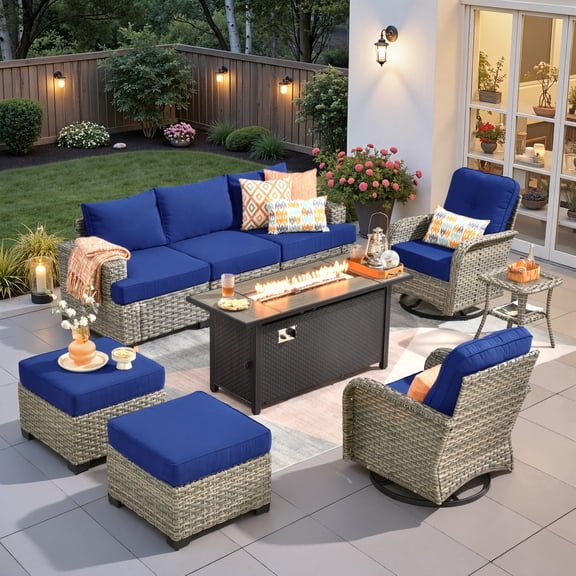 Ovios 9 Pieces Outdoor Patio Sectional Furniture with 54" Gas Propane Fire Pit Table All-Weather Rattan Wicker Conversation Set with Swivel Glider Rocking Chair for Backyard