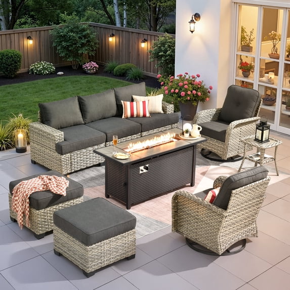 Ovios 9 Pieces Outdoor Patio Sectional Furniture with 54" Gas Propane Fire Pit Table All-Weather Rattan Wicker Conversation Set with Swivel Glider Rocking Chair for Backyard