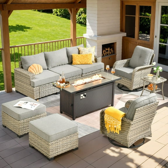 Ovios 9 Pieces Outdoor Patio Sectional Furniture with 54" Gas Propane Fire Pit Table All-Weather Rattan Wicker Conversation Set with Swivel Glider Rocking Chair for Backyard