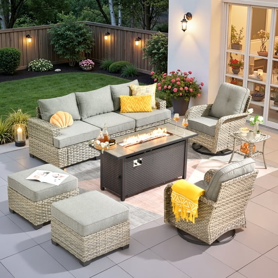 Ovios 9 Pieces Outdoor Patio Sectional Furniture with 54" Gas Propane Fire Pit Table All-Weather Rattan Wicker Conversation Set with Swivel Glider Rocking Chair for Backyard