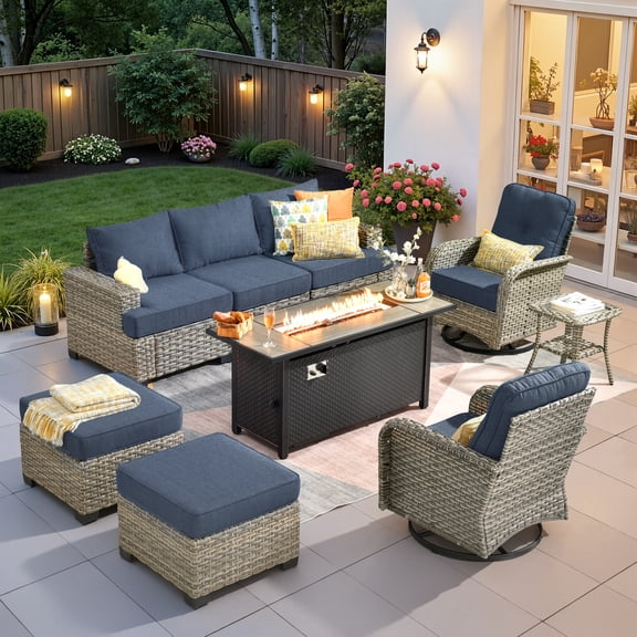 Ovios 9 Pieces Outdoor Patio Sectional Furniture with 54" Gas Propane Fire Pit Table All-Weather Rattan Wicker Conversation Set with Swivel Glider Rocking Chair for Backyard