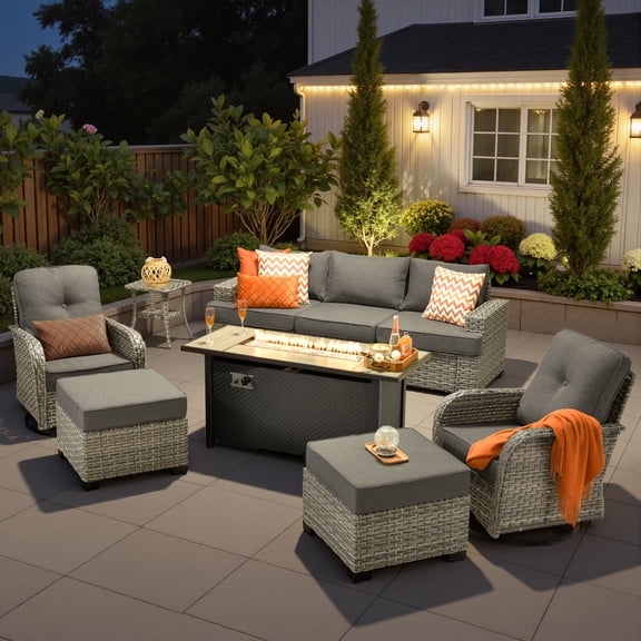 Ovios 9 Pieces Outdoor Patio Sectional Furniture with 54" Gas Propane Fire Pit Table All-Weather Rattan Wicker Conversation Set with Swivel Glider Rocking Chair for Backyard