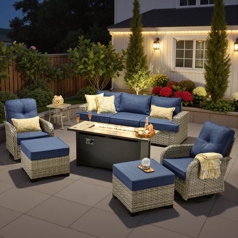 Ovios 9 Pieces Outdoor Patio Sectional Furniture with 54" Gas Propane Fire Pit Table All-Weather Rattan Wicker Conversation Set with Swivel Glider Rocking Chair for Backyard