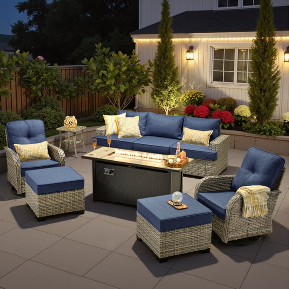 Ovios 9 Pieces Outdoor Patio Sectional Furniture with 54" Gas Propane Fire Pit Table All-Weather Rattan Wicker Conversation Set with Swivel Glider Rocking Chair for Backyard