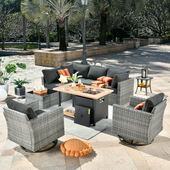 Ovios 9 Pieces Patio Fire Pit Set Outdoor Rattan Sectional Sofa Conversation Set with Swivel Rocking Chairs and Side Table,Black