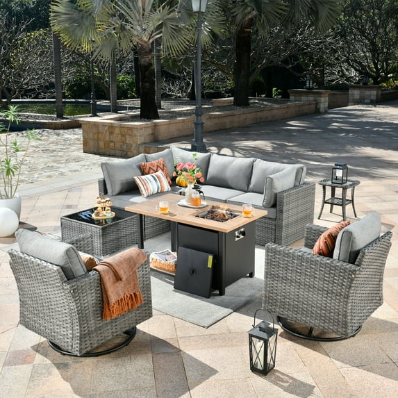 Ovios 9 Pieces Patio Fire Pit Set Outdoor Rattan Sectional Sofa Conversation Set with Swivel Rocking Chairs and Side Table,Dark Gray