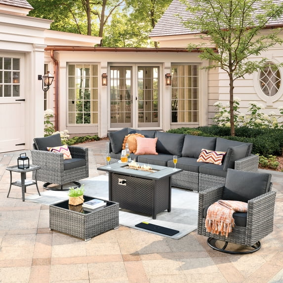 Ovios 9 Pieces Patio Fire Pit Set Outdoor Wicker Sectional Sofa Conversation Set with Swivel Rocking Chairs,Black