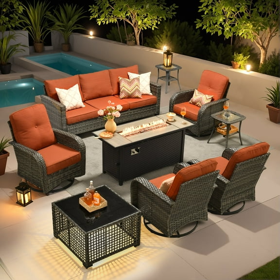 Ovios 9 Pieces Patio Furniture Set with Fire Pit Table Outdoor Conversation All-Weather Rattan Sectional Sofa with Swivel Chairs & Solar Light Table