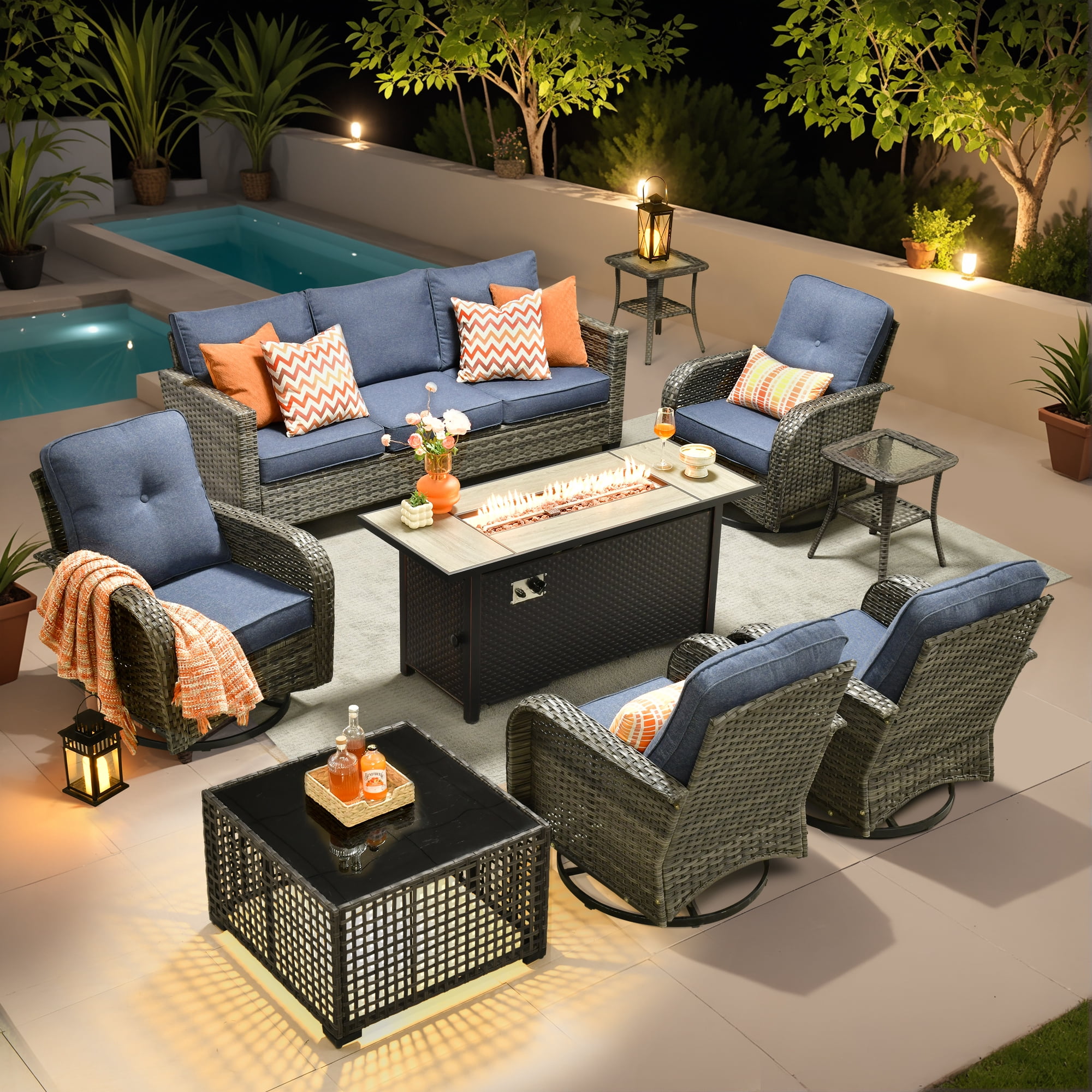 Ovios 9 Pieces Patio Furniture Set with Fire Pit Table Outdoor ...