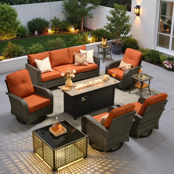 Ovios 9 Pieces Patio Furniture Set with Fire Pit Table Outdoor Conversation All-Weather Rattan Sectional Sofa with Swivel Chairs & Solar Light Table