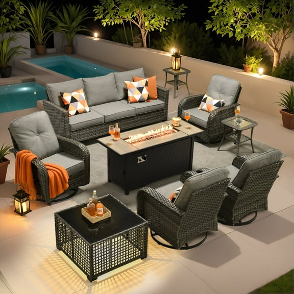 Ovios 9 Pieces Patio Furniture Set with Fire Pit Table Outdoor Conversation All-Weather Rattan Sectional Sofa with Swivel Chairs & Solar Light Table