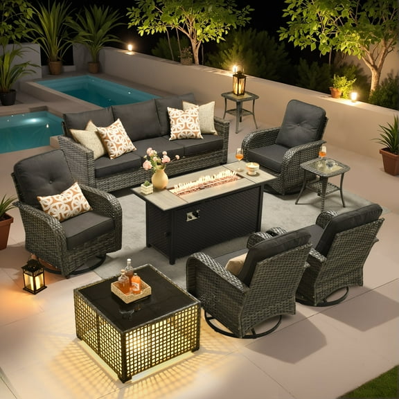 Ovios 9 Pieces Patio Furniture Set with Fire Pit Table Outdoor Conversation All-Weather Rattan Sectional Sofa with Swivel Chairs & Solar Light Table