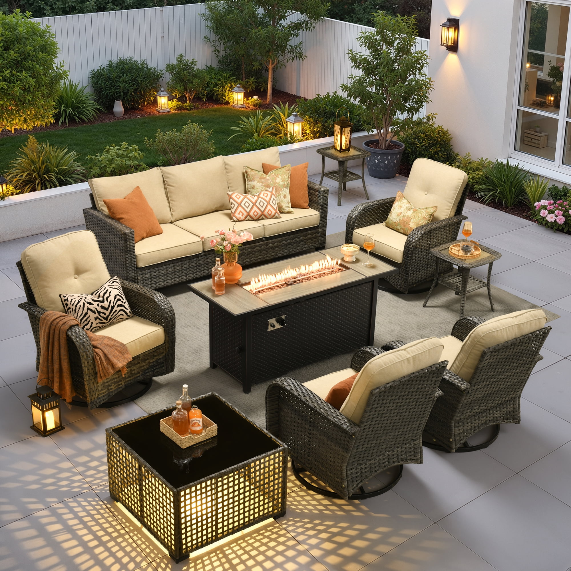 Ovios 9 Pieces Patio Furniture Set with Fire Pit Table Outdoor Conversation All-Weather Rattan Sectional Sofa with Swivel Chairs & Solar Light Table