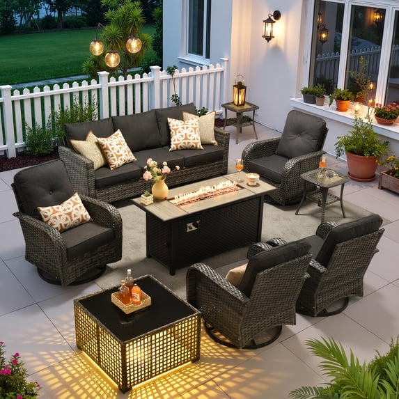 Ovios 9 Pieces Patio Furniture Set with Fire Pit Table Outdoor Conversation All-Weather Rattan Sectional Sofa with Swivel Chairs & Solar Light Table