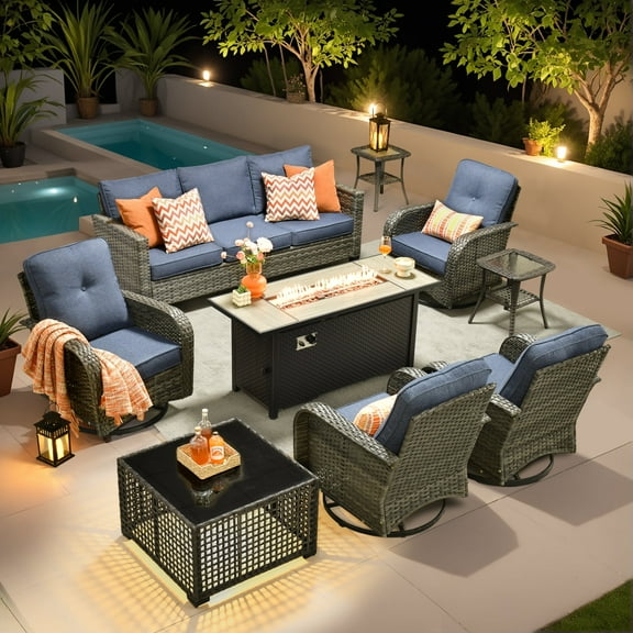 Ovios 9 Pieces Patio Furniture Set with Fire Pit Table Outdoor Conversation All-Weather Rattan Sectional Sofa with Swivel Chairs & Solar Light Table