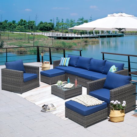 Ovios 9 Pieces Patio Outdoor Furniture Set All-Weather Patio Conversation Wicker Outdoor Sectional Sofa with Furniture Cover No Assembly Required
