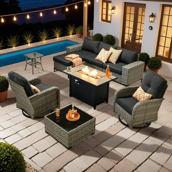 Ovios 9 Pieces Wicker Patio Furniture Sets Outdoor Conversation Sectional Sofa with Swivel Chairs & Fire Pit