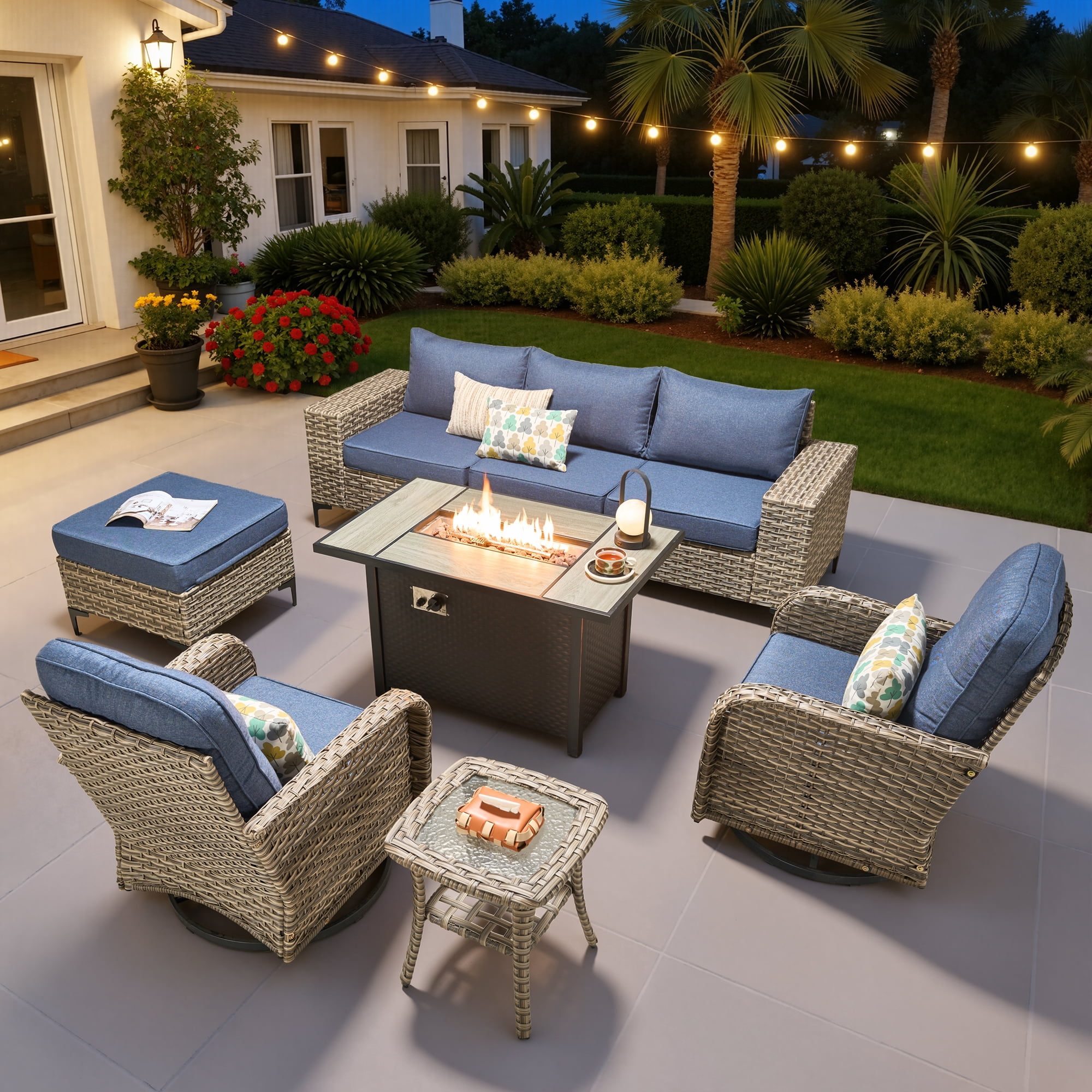 Ovios 9 Pieces Wicker Patio Furniture Sets Outdoor Conversation Sectional Sofa with Swivel Chairs & Fire Pit