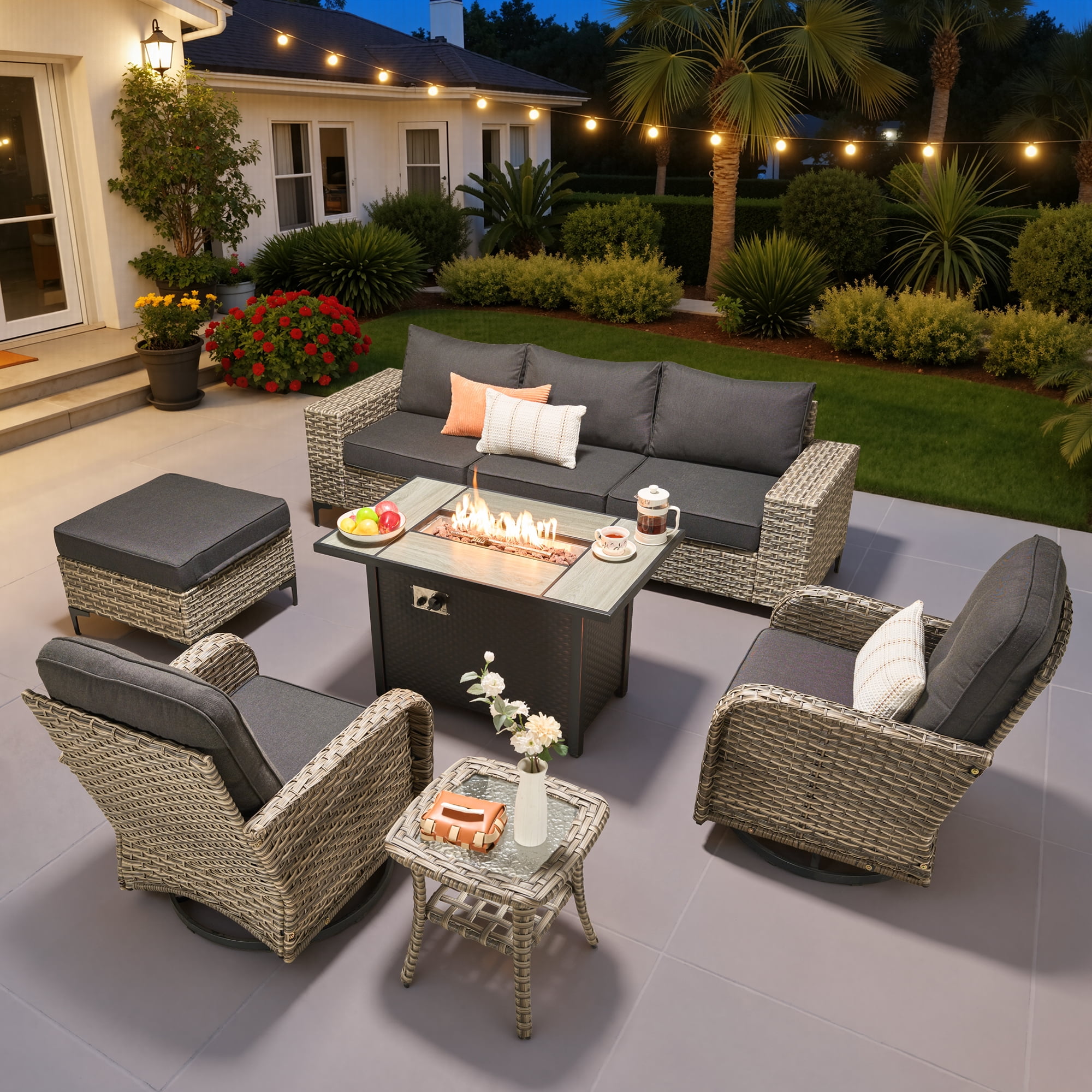 Ovios 9 Pieces Wicker Patio Furniture Sets Outdoor Conversation Sectional Sofa with Swivel Chairs & Fire Pit