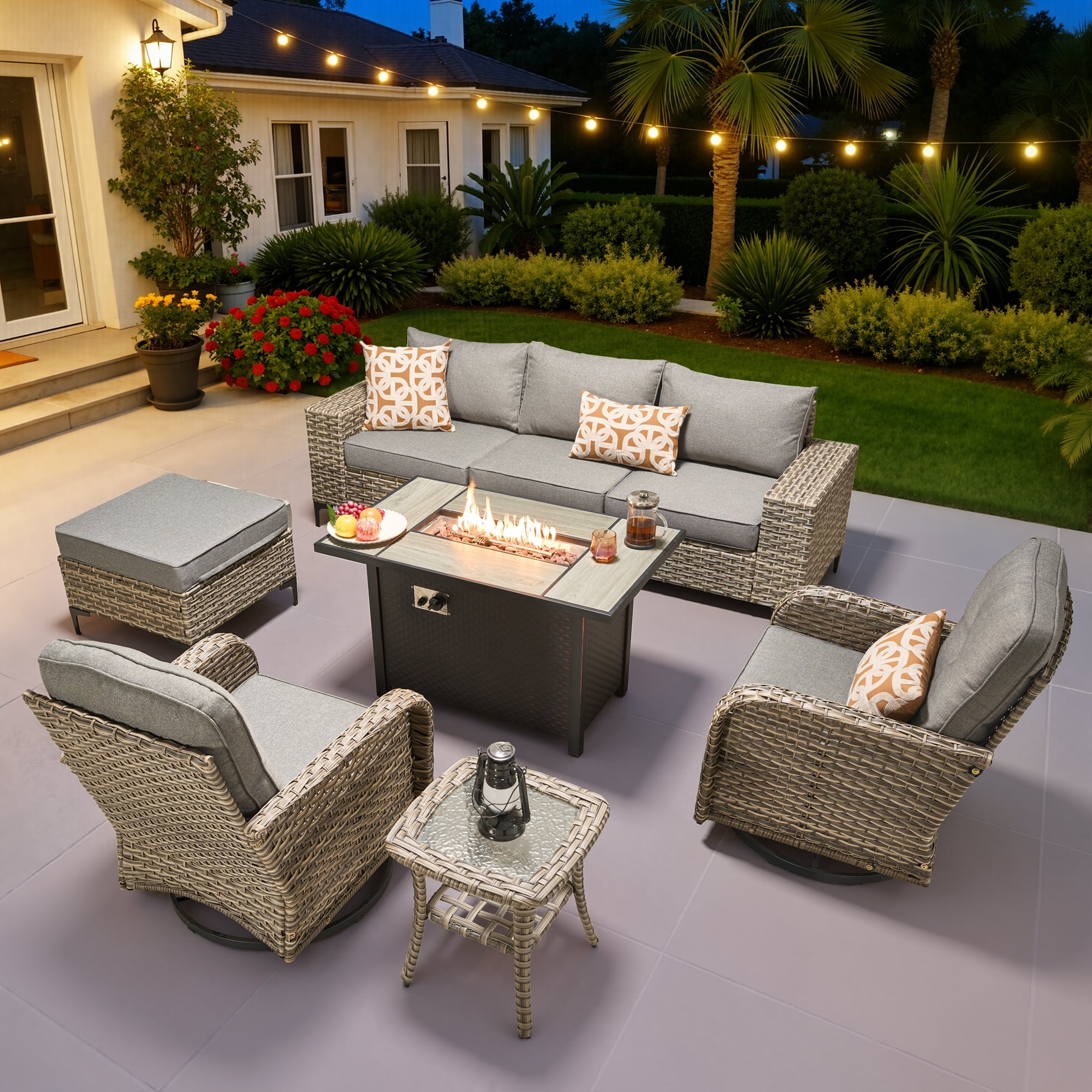 Ovios 9 Pieces Wicker Patio Furniture Sets Outdoor Conversation Sectional Sofa with Swivel Chairs & Fire Pit