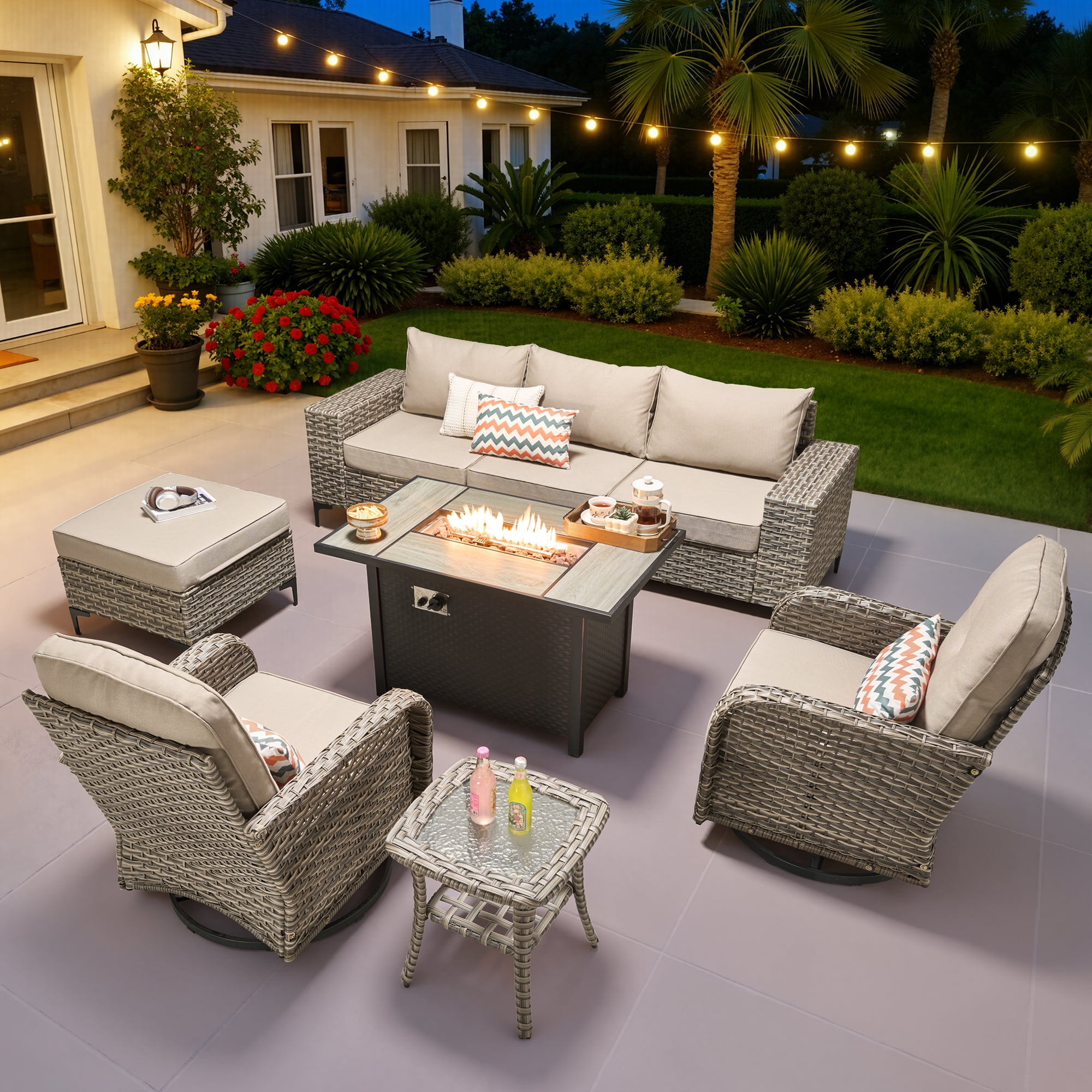 Ovios 9 Pieces Wicker Patio Furniture Sets Outdoor Conversation Sectional Sofa with Swivel Chairs & Fire Pit