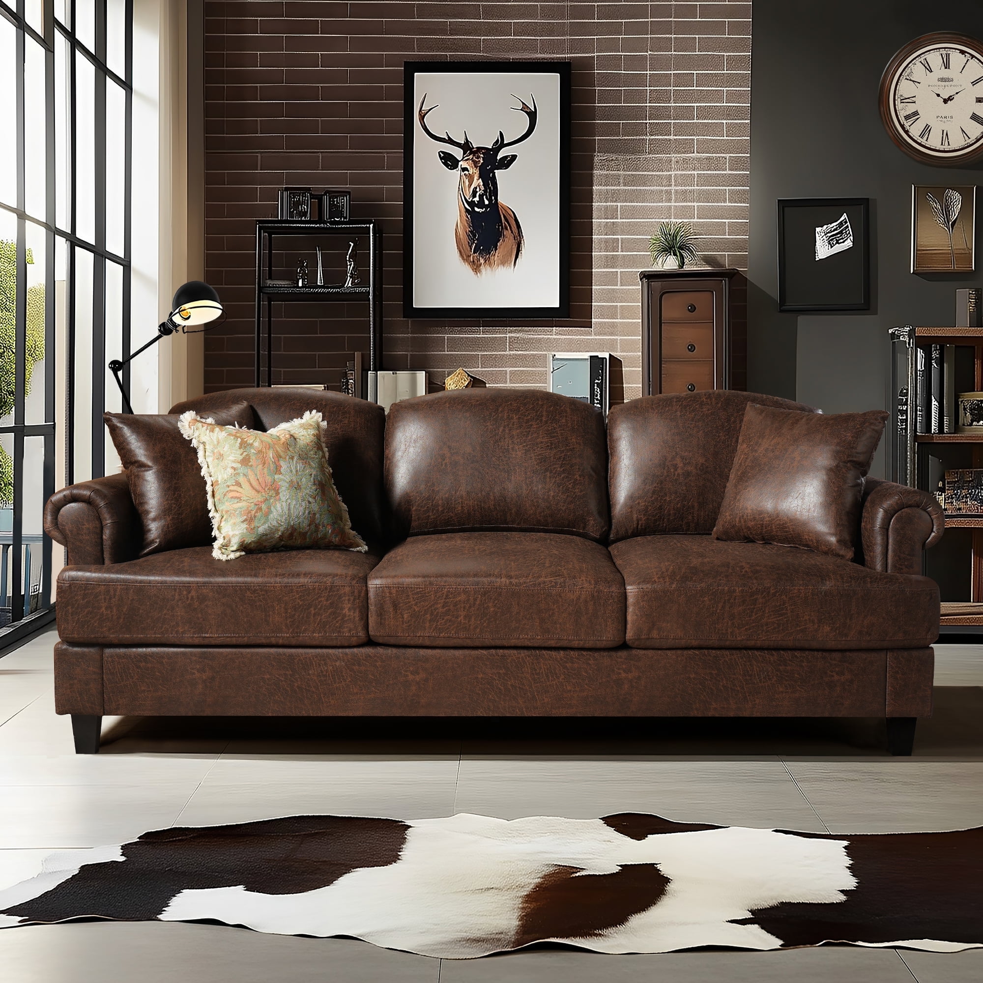 Ovios 3 Seater Sofa Couch with Deep Seat 90" Comfy Upholstered Sofa Mid Century Modern Faux Leather Sofas with Throw Pillow, Couches for Living Room, Dark Brown