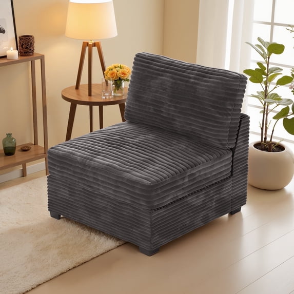 Ovios 32" Armless Seat Module for Modular Sectional Sofa Plush Corduroy Upholstery Cloud Middle Armless Chair with Pillow for Living Room, Bedroom, Gray