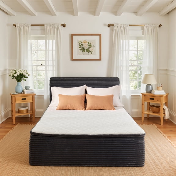 Ovios Boneless Beds Furniture, Full Bed Frame with Mattress and Headboard Set, 16.7" Plush Corduroy Cloud Bed, Medium Firm, No Assembly, Grey